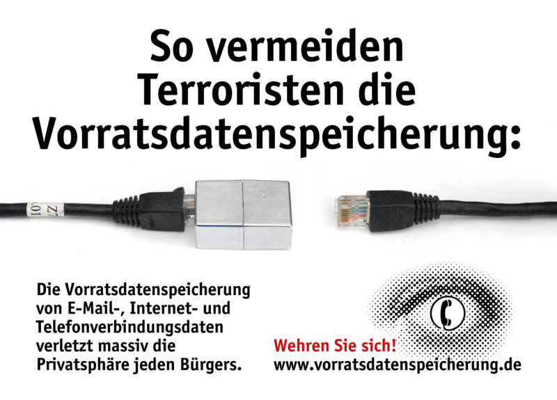 Plakat Netzwerkstecker des AK Vorrat, von Frans. CC-by-nc-nd-Lizenz http://wiki.vorratsdatenspeicherung.de/Bild:Netzwerkstecker.jpg