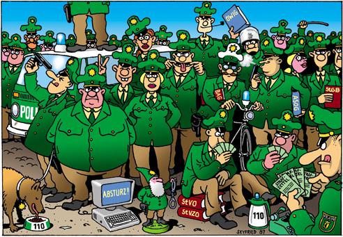 Seyfried-Cartoon mit vielen gr&uuml;nen Uniformen