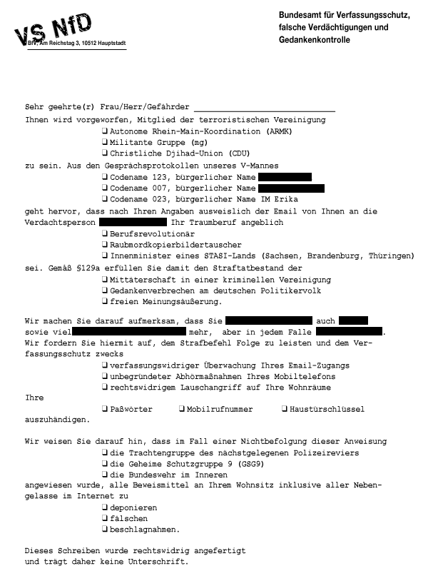 Bundesamt f&uuml;r Verfassungsschutz, falsche Verd&auml;chtigungen und Gedankenkontrolle